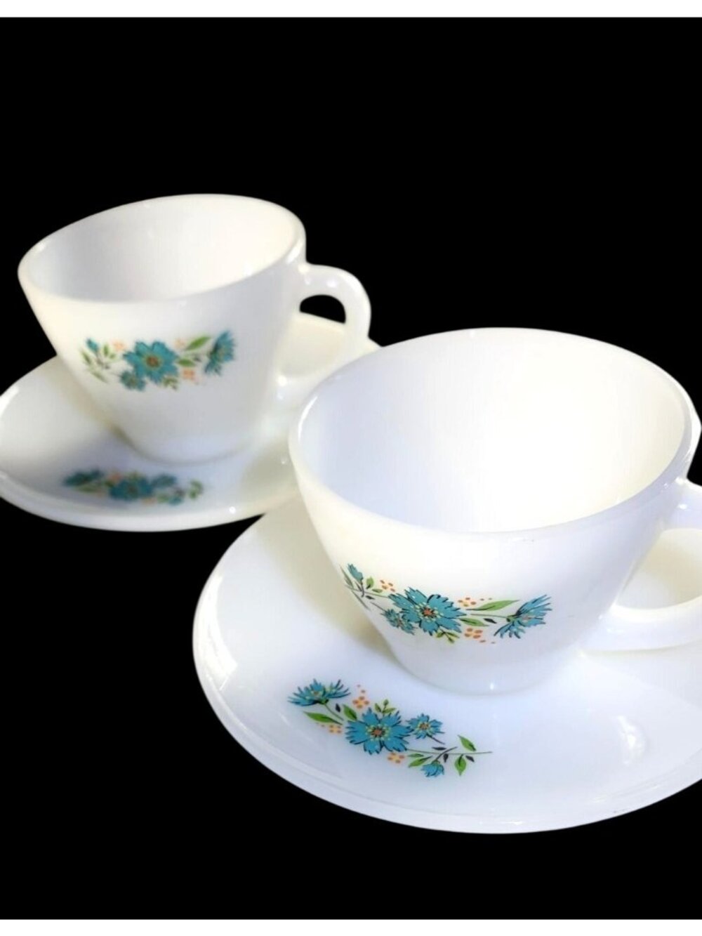 Vintage Fire-King Milk Glass Bonniie Blue Carnations Teacup & Saucer Set (4) - Picture 2 of 11
